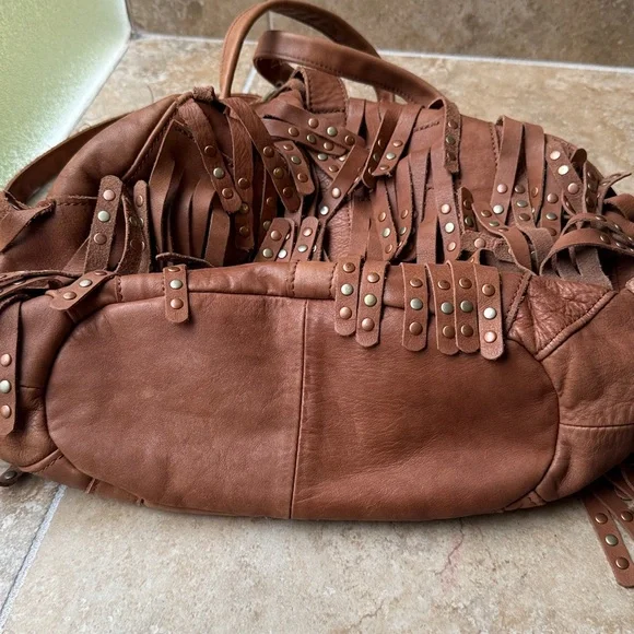 Lucky Penny Anthropologie Sunlit Fringe Soft Leather & Studs Hobo Bag Festival - Picture 12 of 16